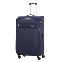 מזוודה גדולה American Tourister Deep Dive – כחול נייבי/כחול – תצוגת צד, ידית וגלגלים