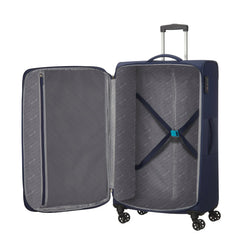 טרולי 55 ס״מ American Tourister Deep Dive – כחול נייבי/כחול – תצוגה פנימית פתוחה עם רצועות ומחיצה